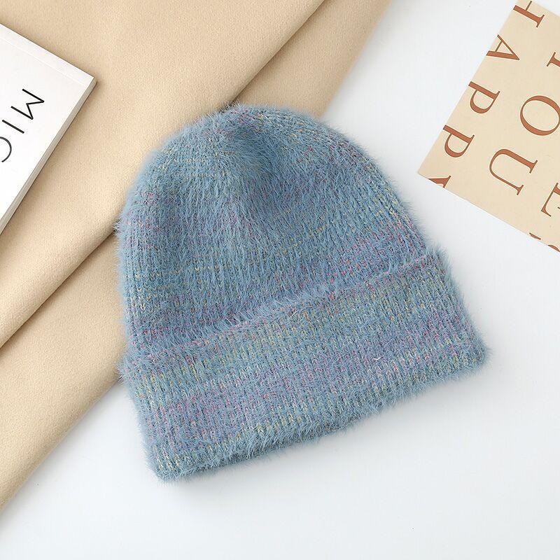 New wool hats women and women autumn and winter new imitation mink ear protector cold hat showing small face gradual change color warm knitted hat