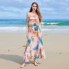 Летнее пляжное платье макси с тропическим принтом для отпуска, с открытыми плечами и оборками по краю, вдохновленными