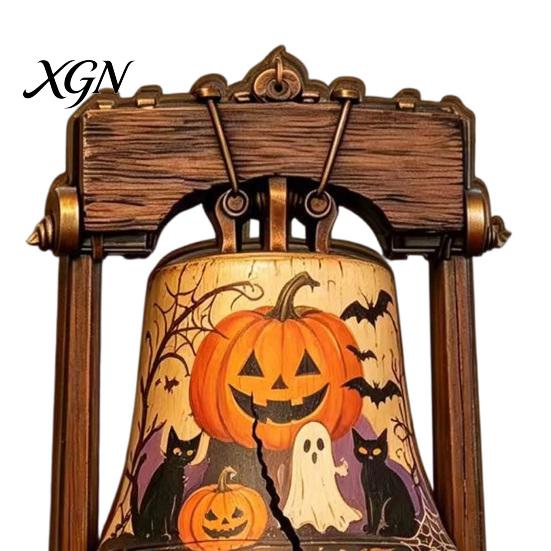 Halloween Theme Gifts Vintage Wooden Bell Decor, Rustic Farmhouse Shelf Sitter with Showcase Ornaments Metal Wood Stand, Tabletop Centerpiece