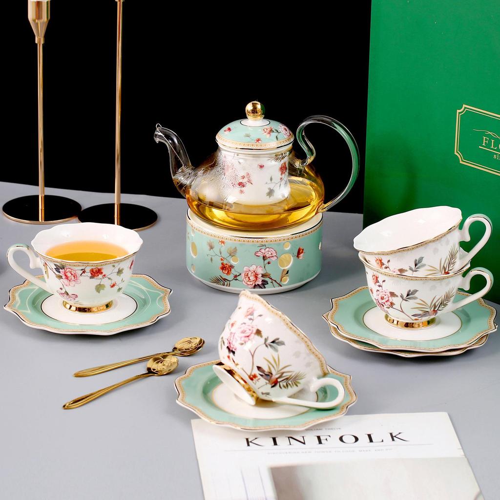 Европейский костяной фарфор Floris Набор для послеобеденного чая с чайником, цветами и подогревателем