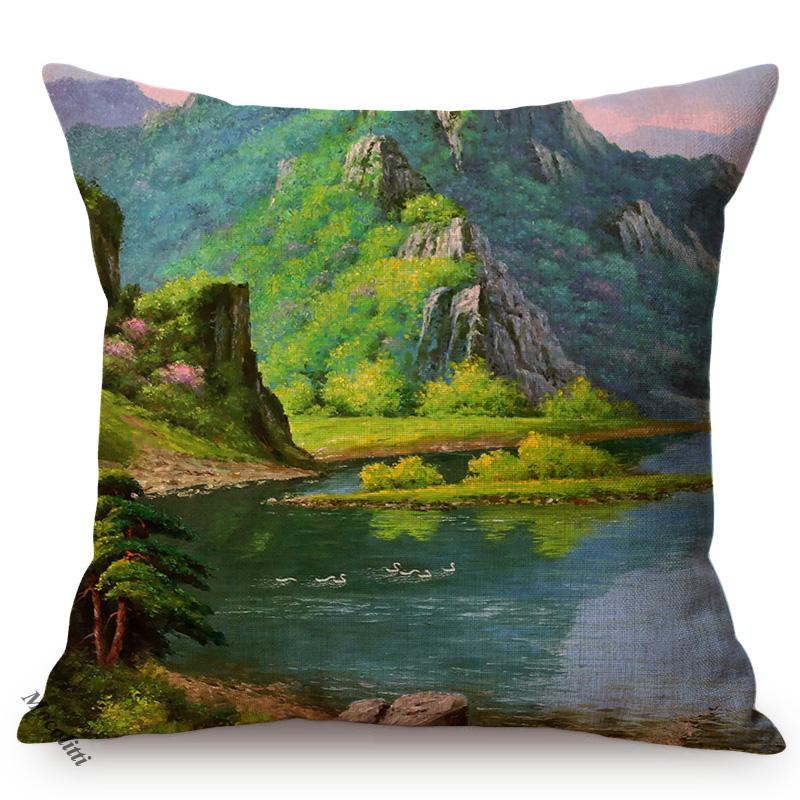Nordic Rural Landscape Oil Painting Art Sofa Decoration Cushion Cover Rivers Scenery Style Car Chair Throw Pillow Case Cojines