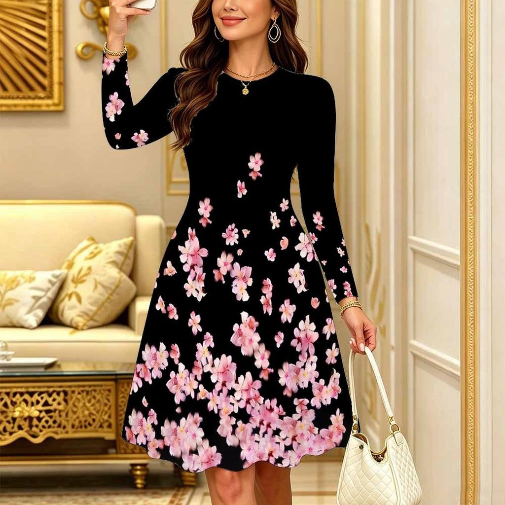 Women Long Sleeve Round Neck Midi Dress Boho Abstract Mandala Dot Floral Print Flared Casual Dress
