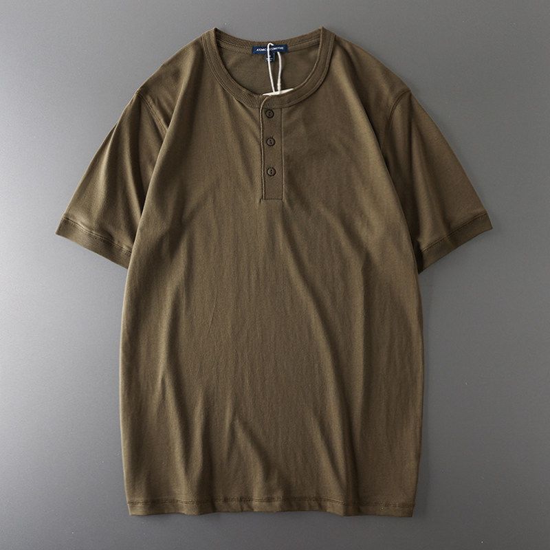 Экспортная бирка с одним вырезом Американская футболка-henley большого веса с коротким рукавом Мужская с воротником Генри Жесткий стиль Хань Футболка Мужская одежда Топы