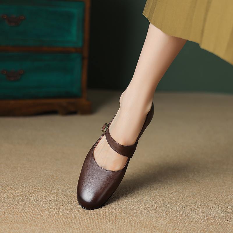 Осенние туфли из коровьей кожи с круглым носком на толстом среднем каблуке, однотонные женские туфли Мэри Джейн