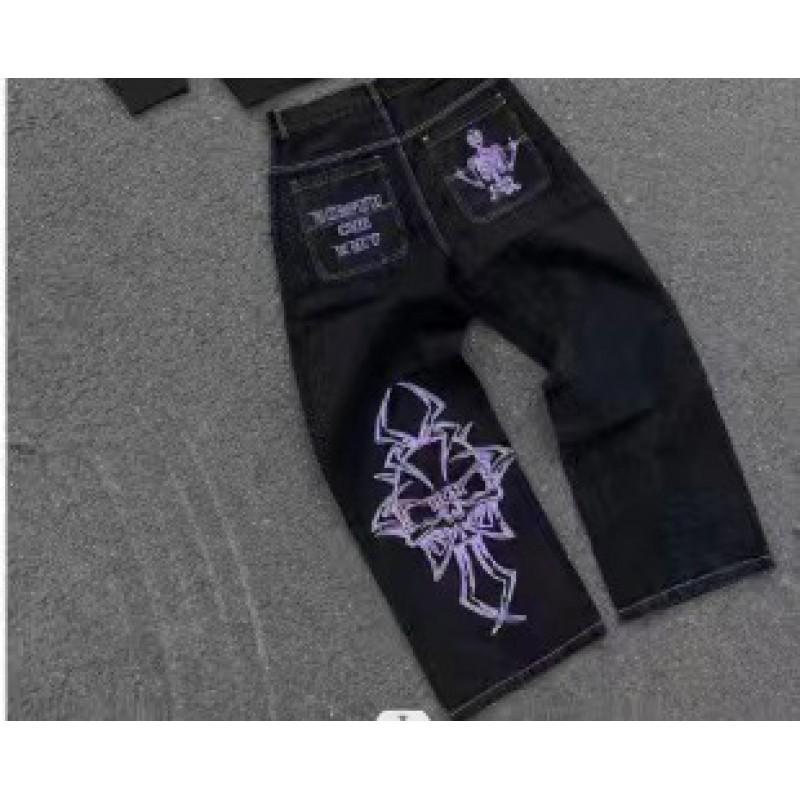 Y2K Hip Hop Wide Leg Denim Jeans Men Women Oversized Cargo Pocket Print Mid-Rise Stretch Cotton