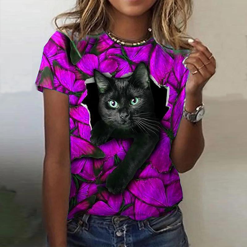 Модная женская футболка с принтом Angry Cute Cat, забавная повседневная футболка с круглым вырезом и короткими рукавами, летняя женская футболка