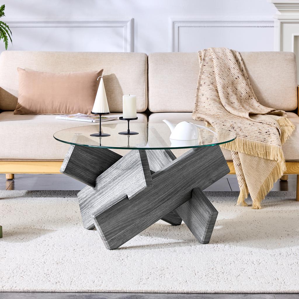 Multi-Color MDF and Glass Round Coffee Table: Creative Cross Gray Support Legs, Simple and Fashionable, 79cm Diameter, 0.8cm Thick Tempered Glass.
