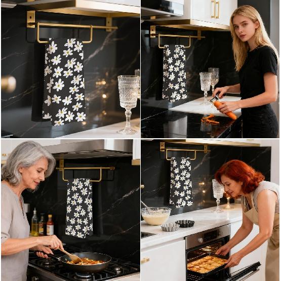 Daisy Waffle Towels, Floral Hand Towel, Floral Black & White Decor for Kitchen Bathroom, Gift for Hostess, Daisy Gift Dish Tea Towels,16x24 Inch.
