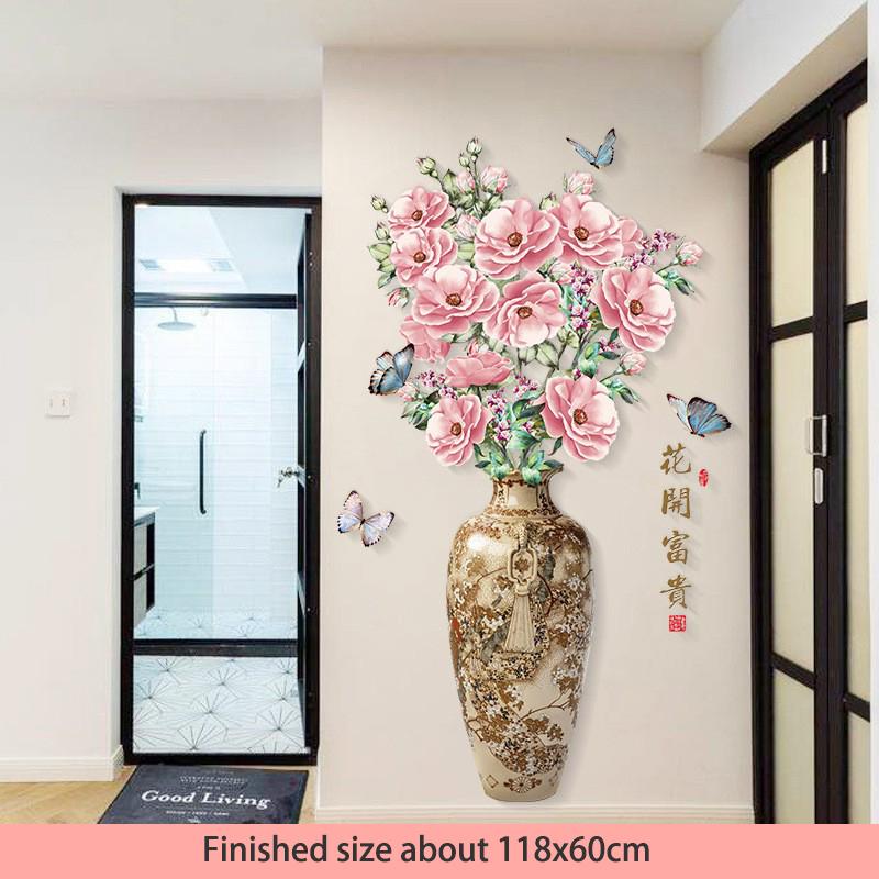 Chinese Style Classical Vase Flower Wall Sticker Rose Lotus Butterfly Decoration Decals Removable Wall Art Home Decor