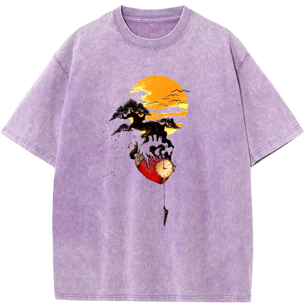 Время Заката Гора Мужская Женская Выстиранная Футболка Хлопок Смешная Свободная Отбеленная Футболка Ретро Отбеленная Футболка Топы Футболка