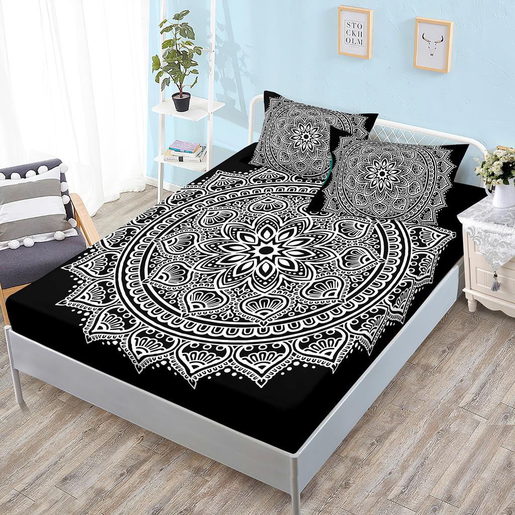 Three-Piece Mattress Cover, Black Bohemian Mattress Protective Cover.