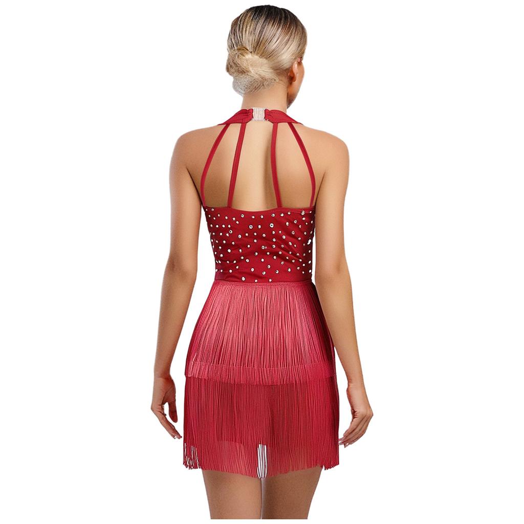 S-3XL Women Dance Bodysuit Halter Neck with Rhinestones Fringed Back Latin Tango Salsa Jazz Performance Costume Leotard