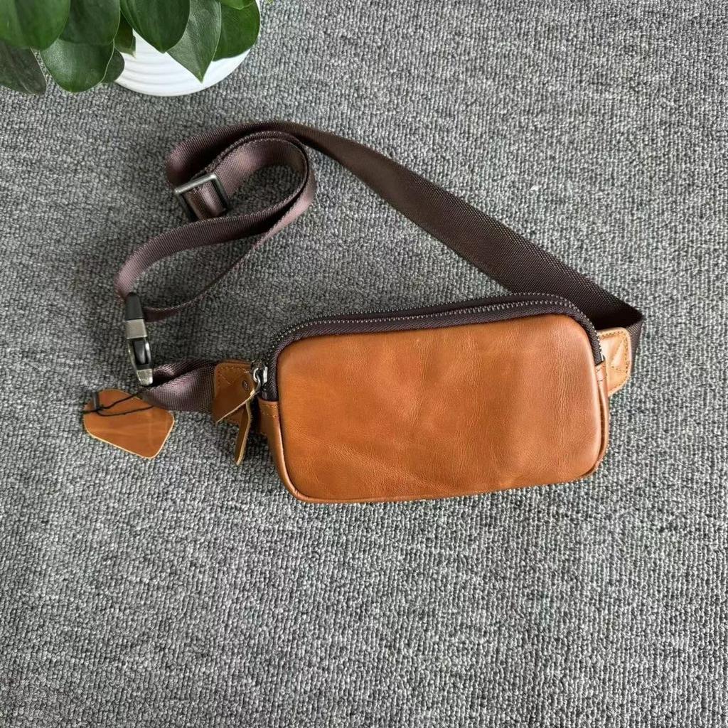 Men'S Genuine Leather Small Satchel, Fashionable Small Fanny Pack, Cowhide Crossbody Casual Mobile Phone Bag, Simple Small Backpack