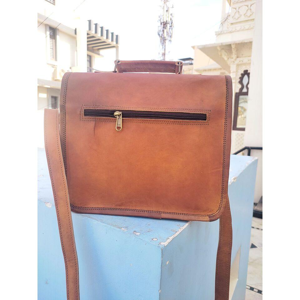 New Classic Brown Genuine Goat Leather Men's Vintage Shoulder Office Satchel Bag