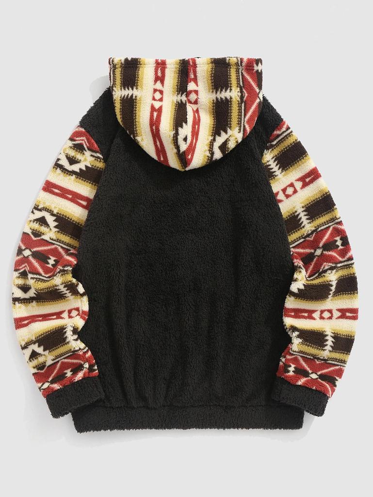 ZAFUL Мужская пушистая флисовая толстовка с капюшоном и карманом-кенгуру в стиле ретро с этническим ацтекским принтом