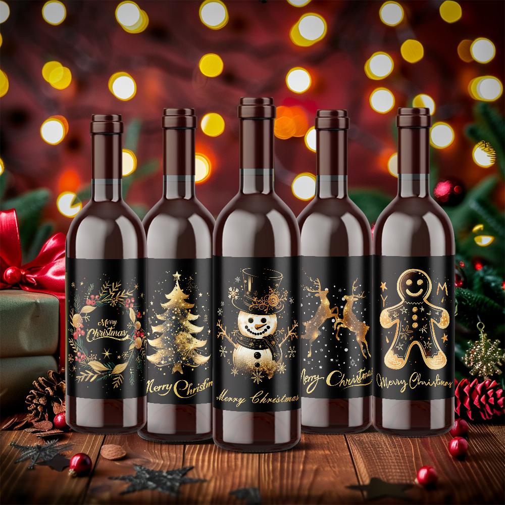 9pcs Christmas Decoration Wine Bottle Waterproof Stickers 5x3.93inch Christmas Wine Label, Christmas Party Decoration