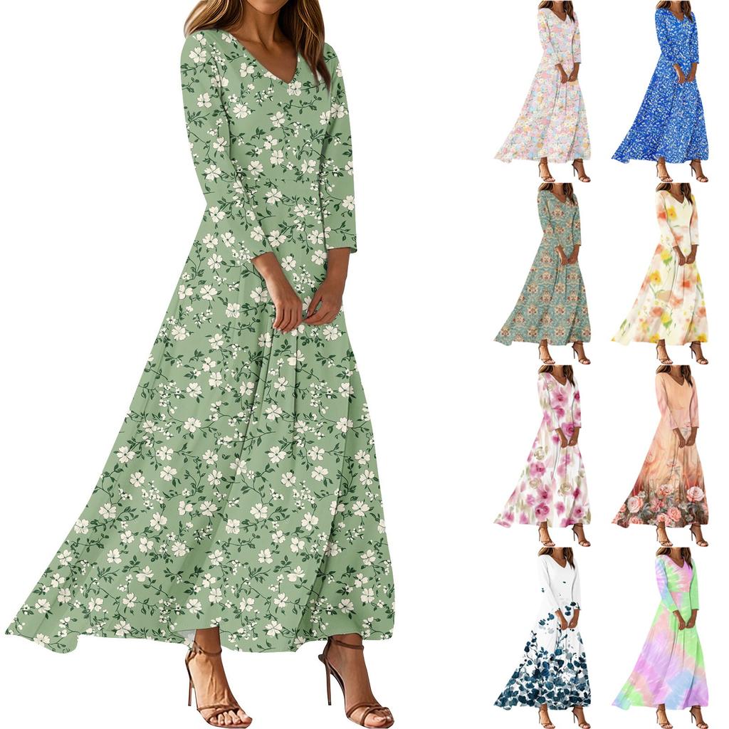 Dresses For Womens Vintage Flower Tunic Waisted Midi Dress Summer Casual 3/4 Sleeve Dress