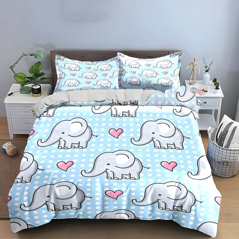 Cute Elephant and Heart Pattern Bedding Duvet Cover Set (1*Duvet Cover 2*Pillowcases, without duvet insert)