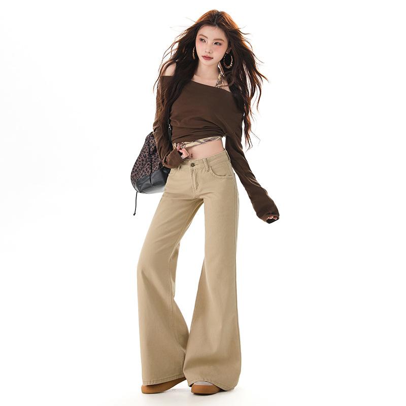 Американские Хаки Джинсы Женские Осенние Новые Широкие Низкая Талия Spice Girl Винтажные Моющие Не Прилипают к Ногам Широкие Штанины Микро Клеш