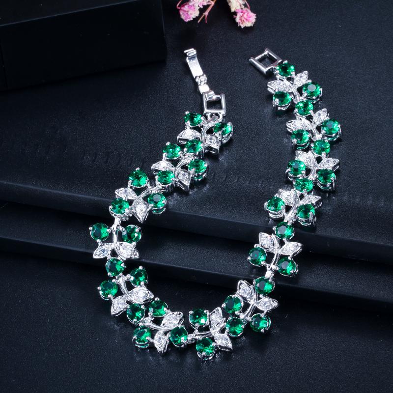 CMM Elegant Leaf Shaped Cubic Zirconia Silver Color Tennis Bracelet