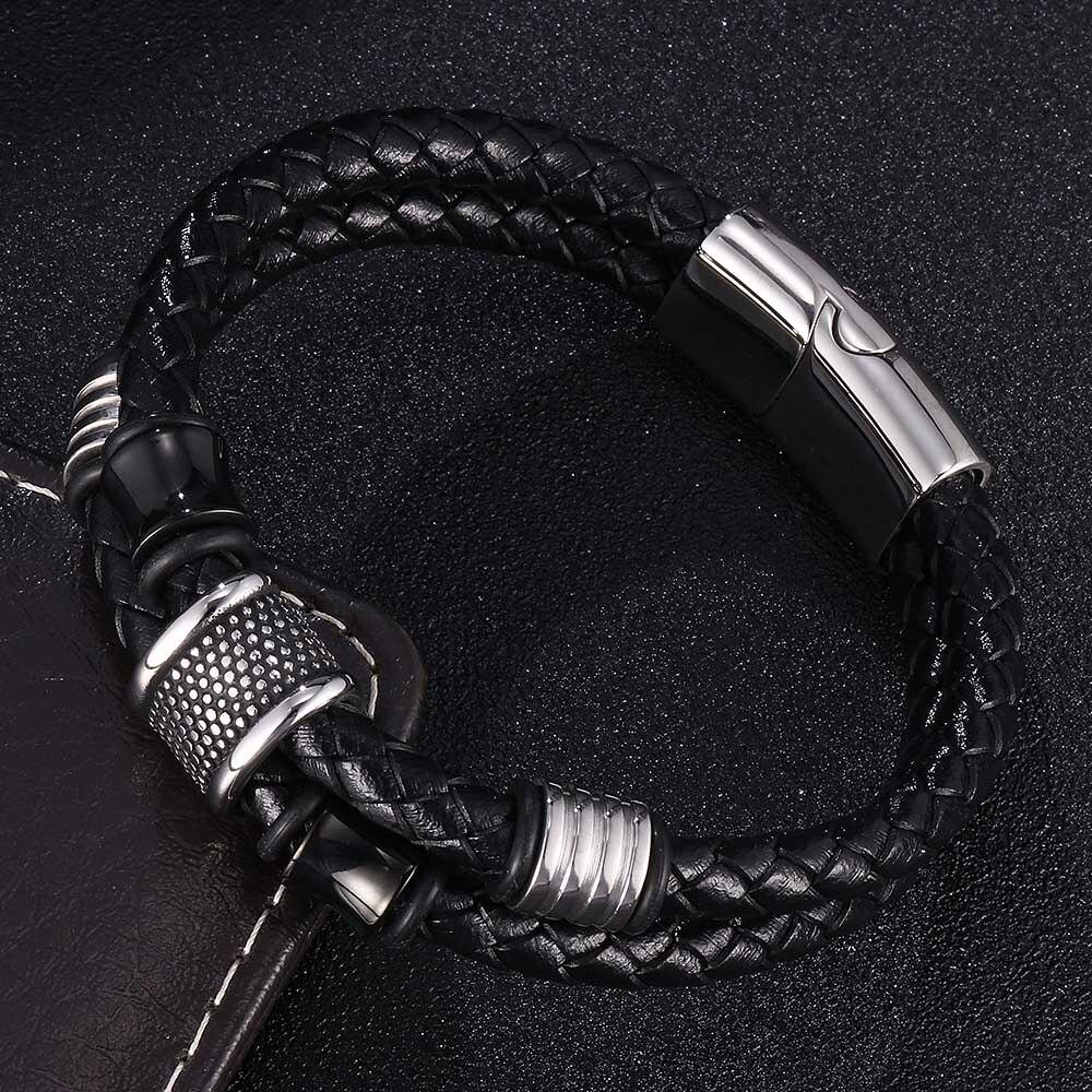 Classic Punk Stainless Steel Metal Clasp Bangles Men Jewelry Two Layers Black Genuine Leather Bracelet