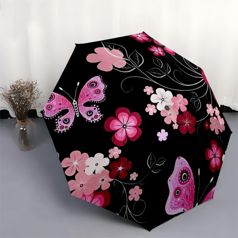 1pc Pink Floral Butterfly Pattern Umbrella with Plastic Handle,Suitable for All Seasons Home Travel Outdoor UmbrellaDD709