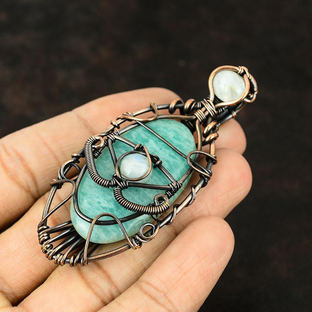 Evil Eye Amazonite Gemstone Copper Pendant Copper Wire Wrapped Jewelry Moonstone Jewelry Handmade Pendant Amazonite Jewelry Engagement Gift
