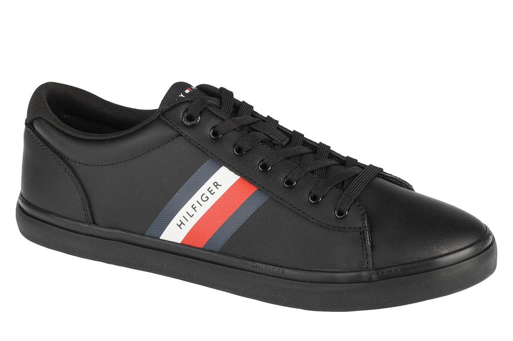 Tommy Hilfiger Essential Leather Vulc Stripes, Mens Black Sneakers