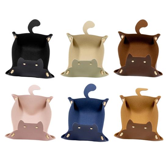 Лоток из искусственной кожи с милым котом, складная металлическая пряжка, водонепроницаемый большой вместительный настольный органайзер для монет, ключей, ткани, органайзер для хранения наушников, держатель