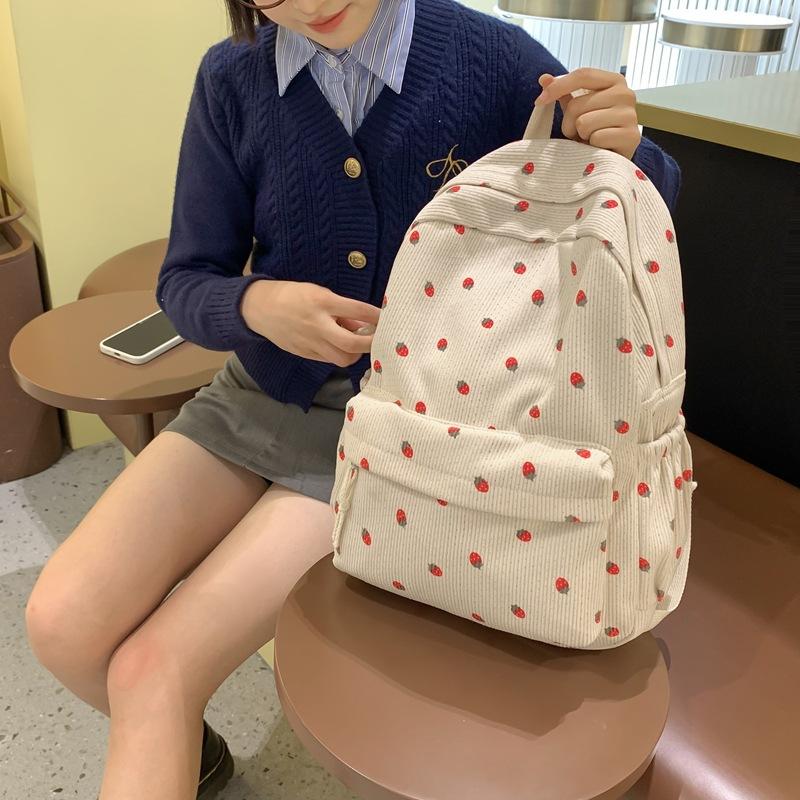 Вельветовый рюкзак с принтом клубники, школьная сумка в студенческом стиле, рюкзак большой вместимости