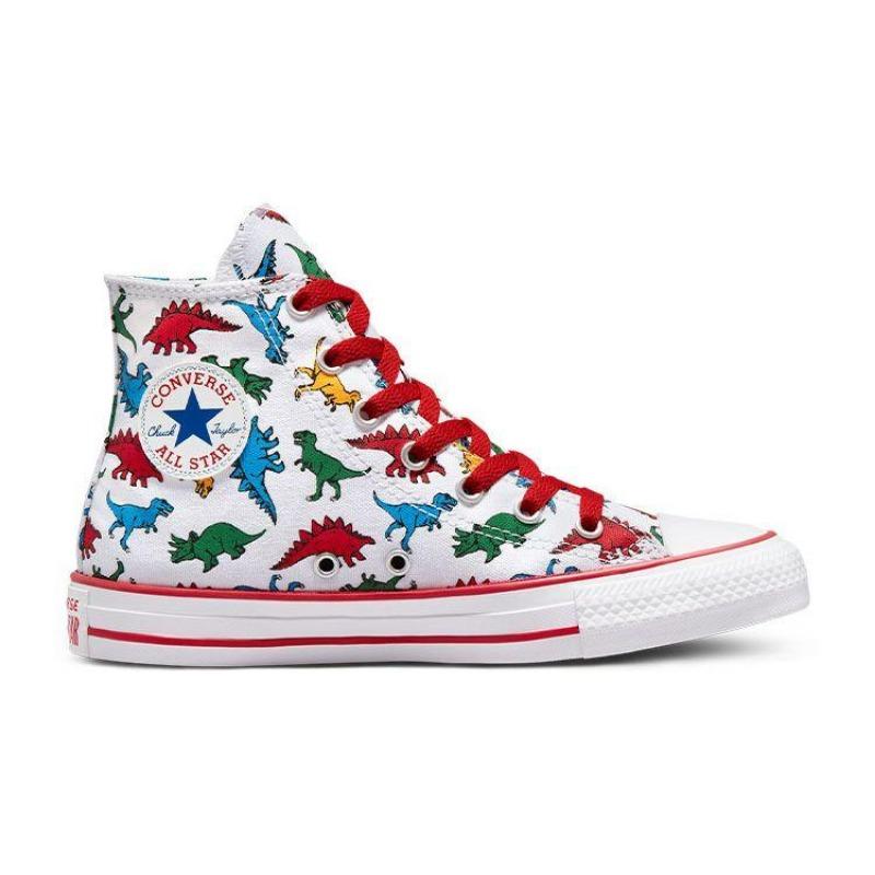 Converse Кеды All Star для подростков Высокие Холщовые Принт с динозаврами Износостойкие Белые A01668C