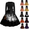 Women's Fashion Round Neck Casual Slim Fit Halloween Printed Long Sleeve Dress