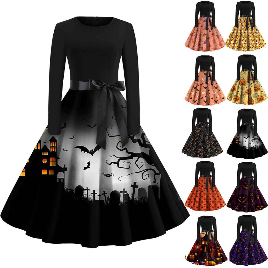 Women's Fashion Round Neck Casual Slim Fit Halloween Printed Long Sleeve Dress