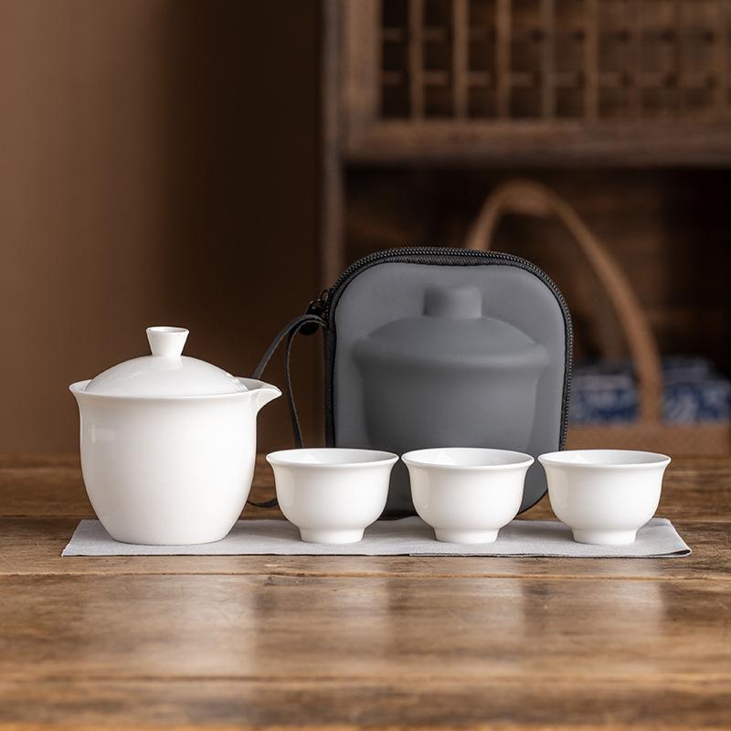 Suet Jade Porcelain Light Luxury One Pot Three Cups Outdoor Portable Travel Kung Fu Tea Set High-end Business Commemorative Gifts