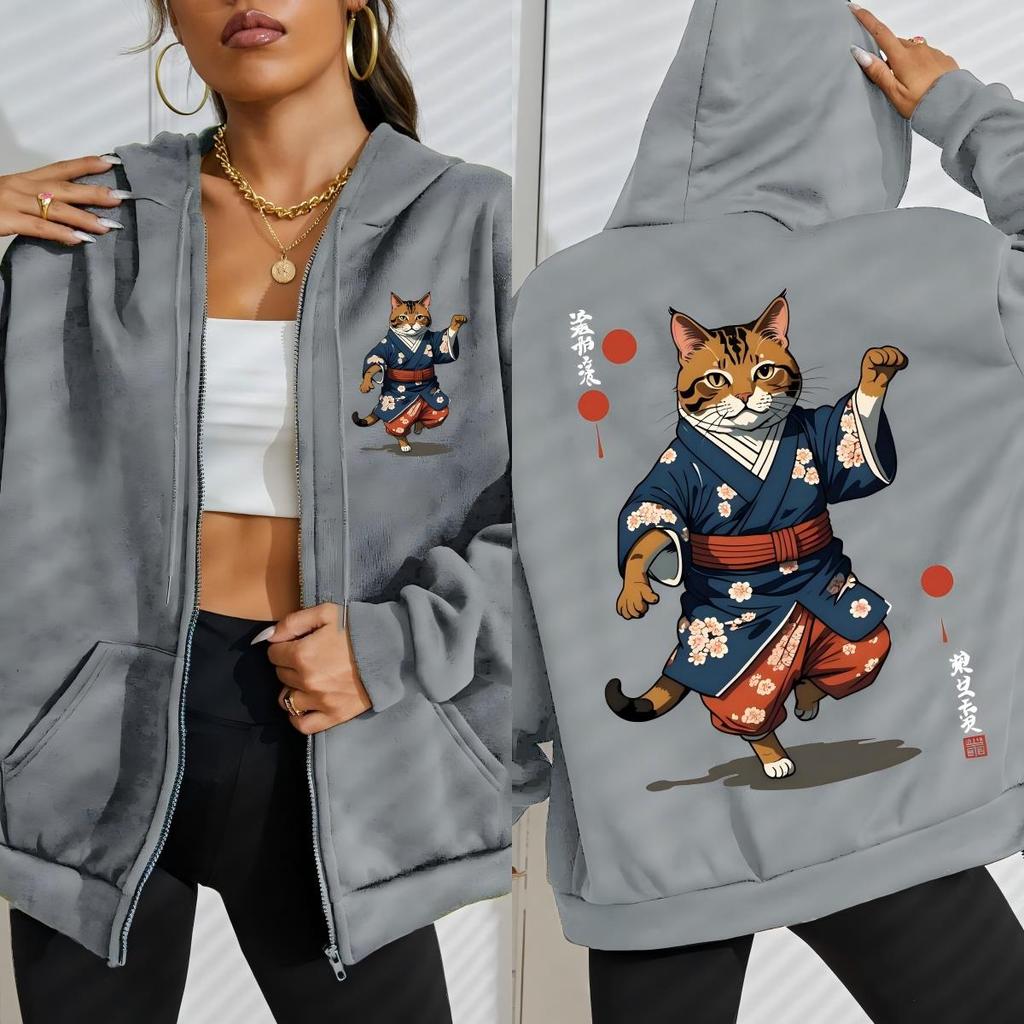 Japanese Cartoon Standing Cat Prints Zipper Hoodie Woman Fashion Fleece Hoody Autumn Soft Sportswear Street Casual Streetwear