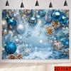2D Flat Banner, Winter Christmas Backdrop, Blue Silver Baubles, Frosted Pine Branches, Pine Cones, Snowflakes