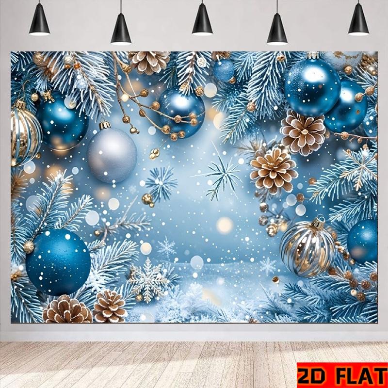 2D Flat Banner, Winter Christmas Backdrop, Blue Silver Baubles, Frosted Pine Branches, Pine Cones, Snowflakes