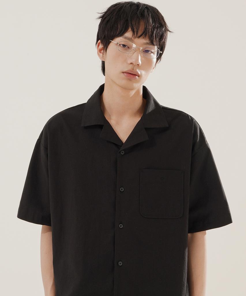 JEMUT Open Collar Linen-Like Short Sleeve Shirt Black Kjss2622