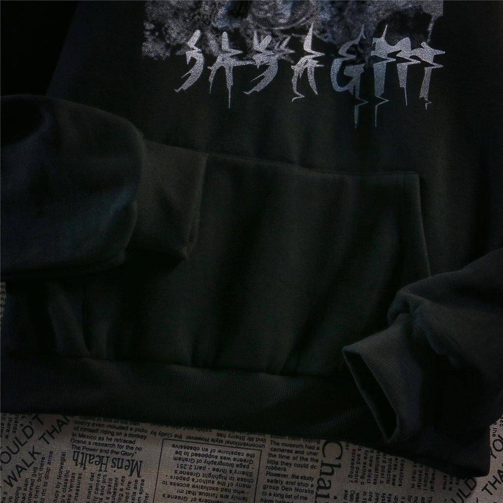 S~3XL Harajuku Gothic Hoodies Women Men Black Sweatwear Top Street Hip-hop Dark Black Hooded Sweater Women Thin Loose Long Sleeved Top