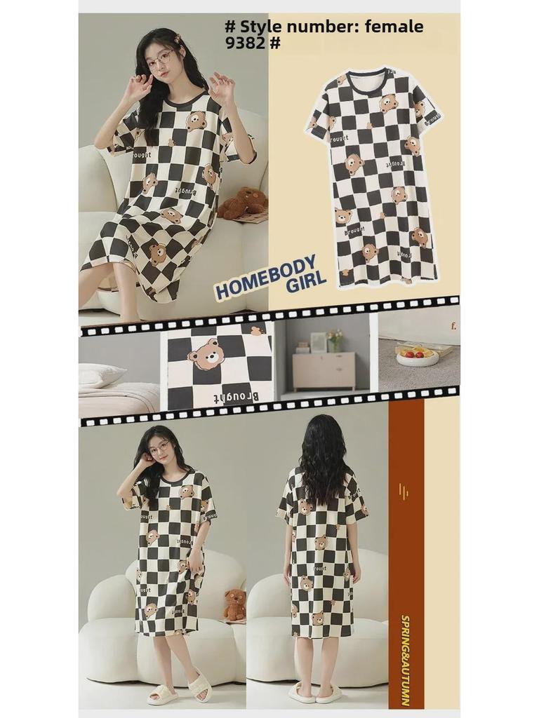 2024 Women's Cute Cartoon Summer Short-Sleeve Nightdress, Thin Large Size, Indoor/Outdoor Wear