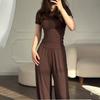 Casual Long Pants Suits Women O-neck Short Sleeve T-shirt Elastic Waist Trousers Set Spring Summer Solid Lady Household Clothes