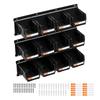 VEVOR Wall Mounted Storage Bins, 12 Plastic Bins & 3 Metal Rails, Plastic Hanging Stackable Storage Bin for Screws, Nuts, Bolts, Nails