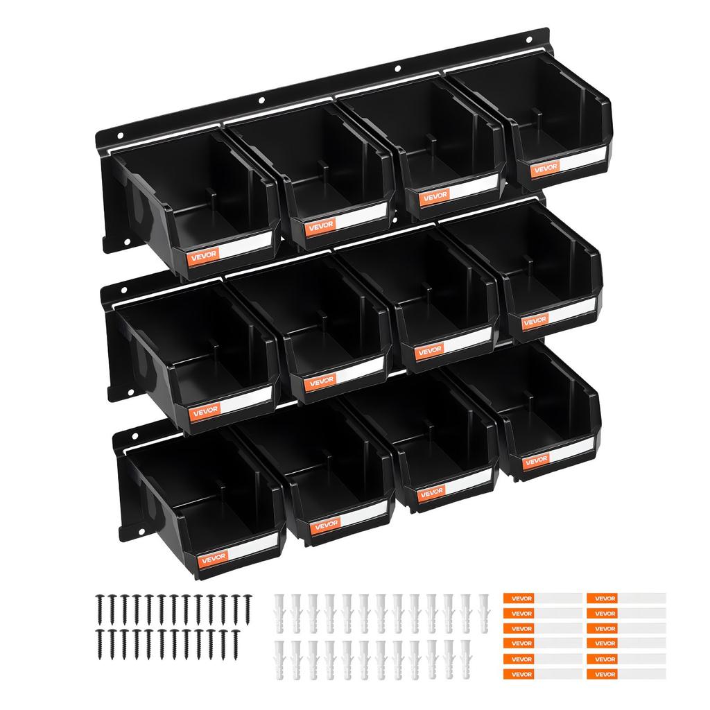 VEVOR Wall Mounted Storage Bins, 12 Plastic Bins & 3 Metal Rails, Plastic Hanging Stackable Storage Bin for Screws, Nuts, Bolts, Nails