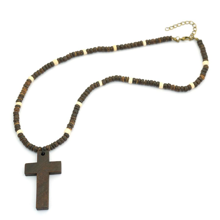 Noter Vintage Wooden Cross Pendant Necklace For Men Handmade Brown Wood Beaded Chain Catholic Christian Religious Jewelry Gift
