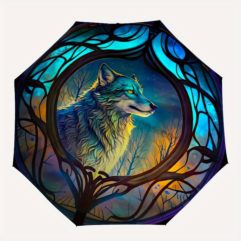 1pc Wolf Stained Automatic Umbrella - 8-Rib Foldable Design, Outdoor Adventures, and Family Celebrations y250829110