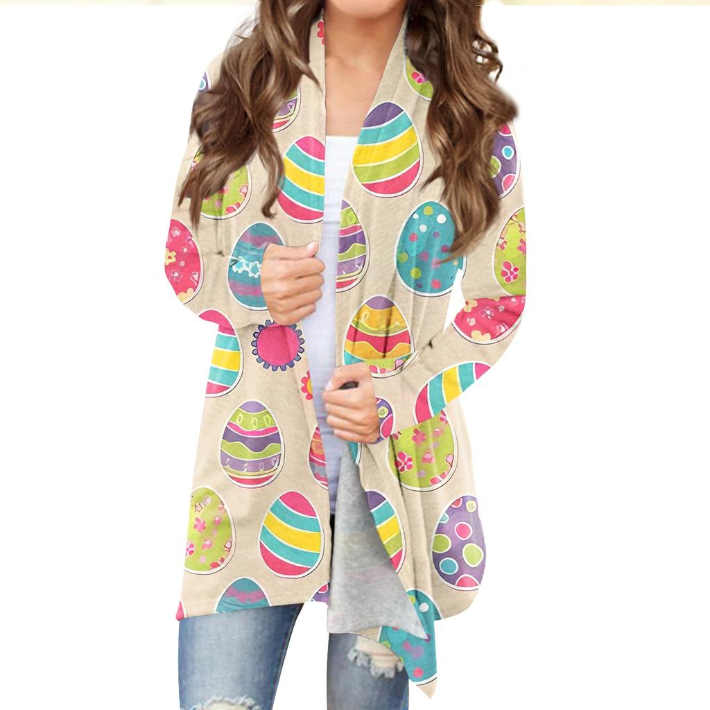 Женский кардиган с пасхальным принтом и длинными рукавами спереди, легкая куртка с принтом