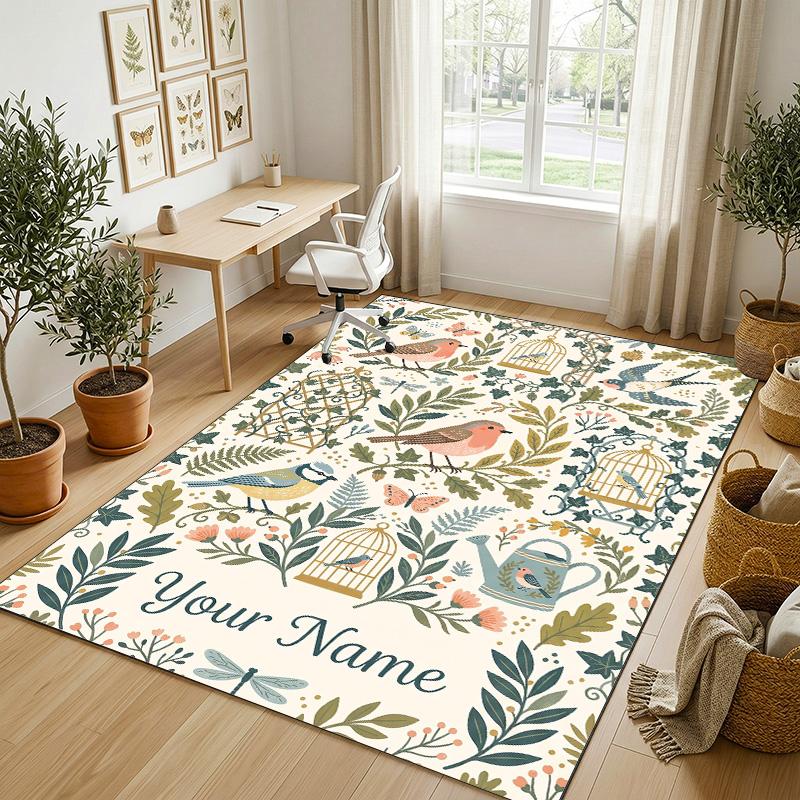 Birds Theme Soft Crystal Velvet Rug Custom Name & Text Print Non Slip Floor Rug for Bedroom Living Room