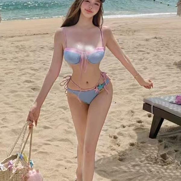 Korean ins style contrasting color low cut sexy size chest split bikini Bikini swimsuit women's swimsuit