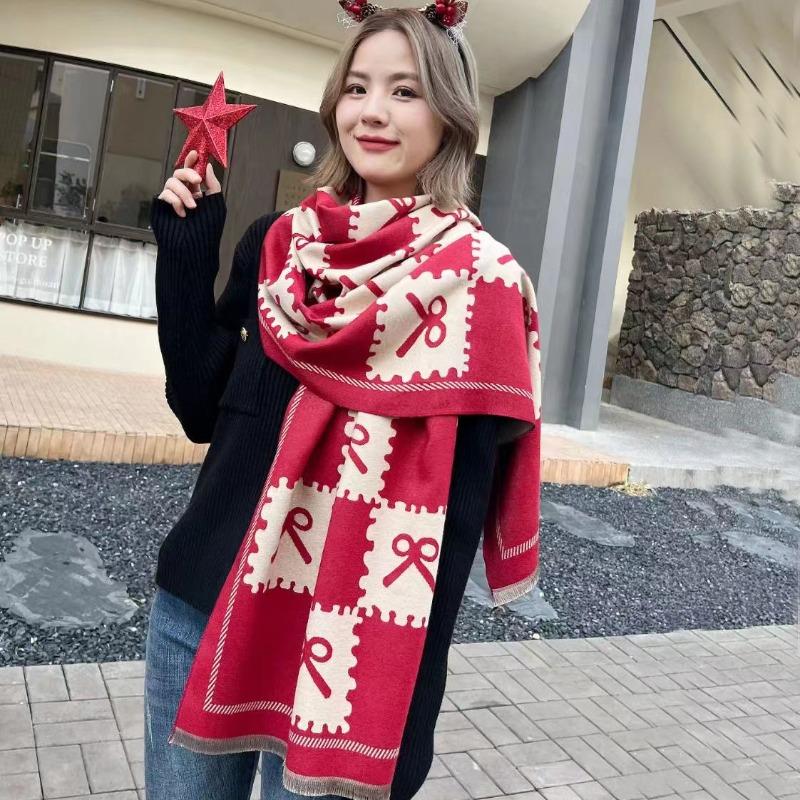 Fashion Bright Red White Bow Scarf Female Autumn and Winter Rich Rabbit Scarf Warm Annual Meeting Couple Korean Version Shawl