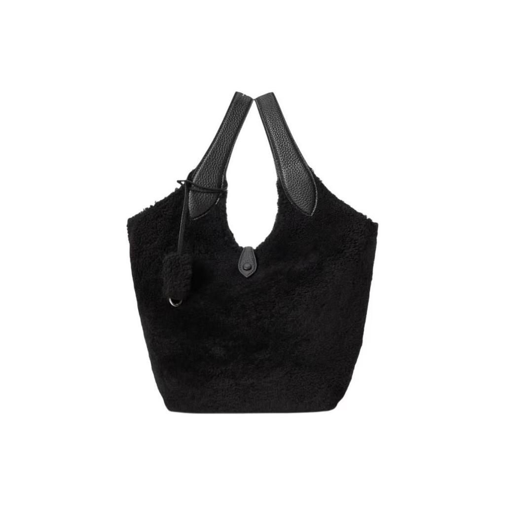 Polo Ralph Lauren Polo Play Sheepskin Tote Bag With Decorative Pom Poms Women Handbags Black 428971313001